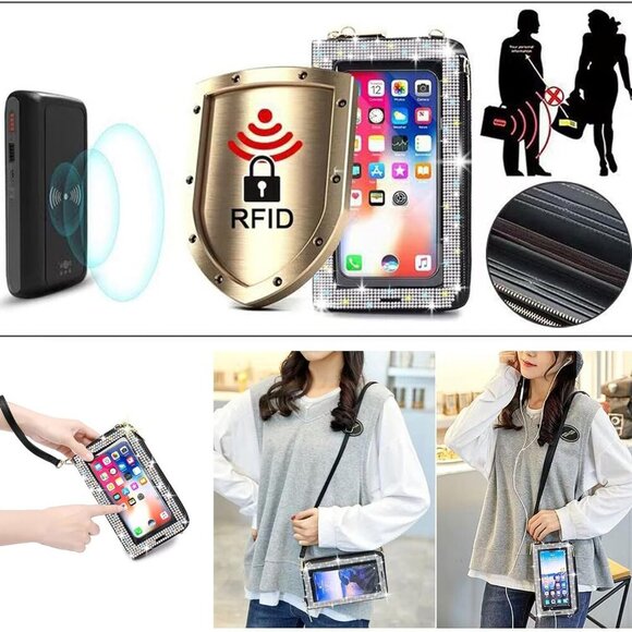 Bling Rhinestone RFID Blocking Touch Screen Phone Bag Womens Wallet Wristlet Clu - Picture 5 of 5